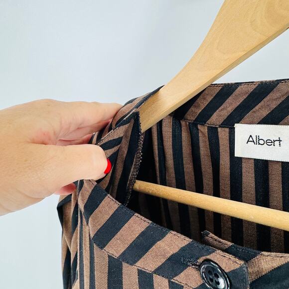 Vintage Albert Nipon Striped Button Front Midi Dress Brown Black Long Sleeve - Picture 8 of 9